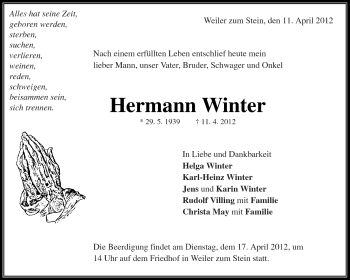 Traueranzeige von Hermann Winter von Kreiszeitung Waiblingen