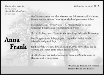 Traueranzeige von Anna Frank von Kreiszeitung Waiblingen