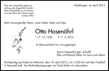 Traueranzeige von Otto Hasenöhrl von Kreiszeitung Waiblingen