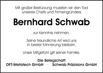 Traueranzeige von Bernhard Schwab von Kreiszeitung Waiblingen