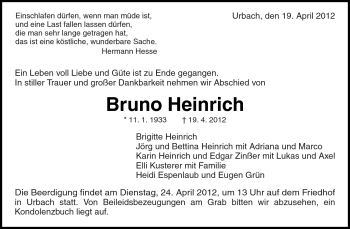 Traueranzeige von Bruno Heinrich von Kreiszeitung Waiblingen