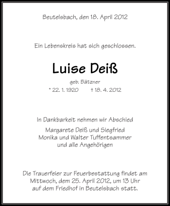 Traueranzeige von Luise Deiß von Kreiszeitung Waiblingen
