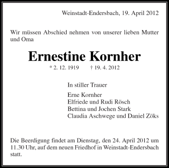 Traueranzeige von Ernestine Kornher von Kreiszeitung Waiblingen