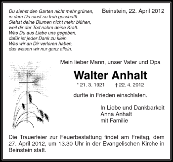 Traueranzeige von Walter Anhalt von Kreiszeitung Waiblingen