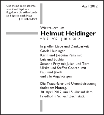 Traueranzeige von Helmut Heidinger von Kreiszeitung Waiblingen