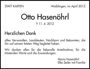 Traueranzeige von Otto Hasenöhrl von Kreiszeitung Waiblingen