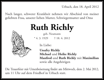 Traueranzeige von Ruth Richly von Kreiszeitung Waiblingen