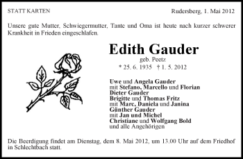 Traueranzeige von Edith Gauder von Kreiszeitung Waiblingen