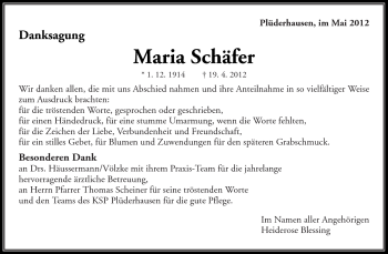 Traueranzeige von Maria Schäfer von Kreiszeitung Waiblingen