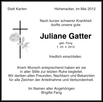 Traueranzeige von Juliane Gatter von Kreiszeitung Waiblingen