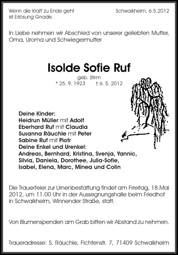 Traueranzeige von Isolde Sofie Ruf von Kreiszeitung Waiblingen