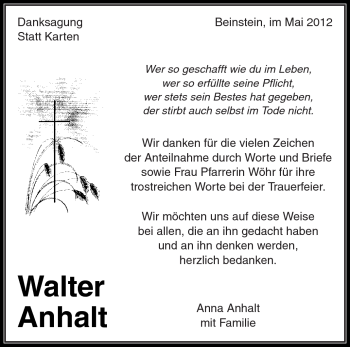 Traueranzeige von Walter Anhalt von Kreiszeitung Waiblingen