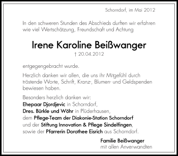 Traueranzeige von Irene Karoline Beißwanger von Kreiszeitung Waiblingen