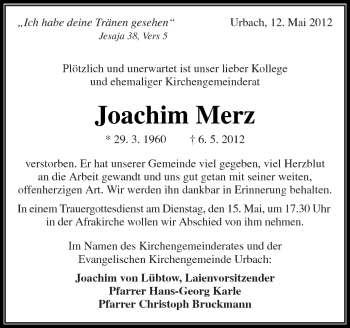 Traueranzeige von Joachim Merz von Kreiszeitung Waiblingen