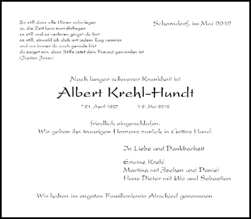  Traueranzeige für Albert Krehl-Hundt vom 16.05.2012 aus Kreiszeitung Waiblingen