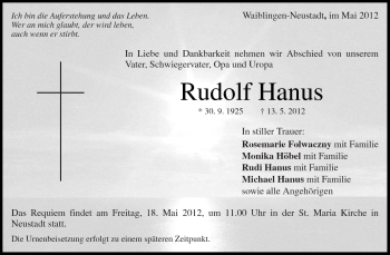Traueranzeige von Rudolf Hanus von Kreiszeitung Waiblingen