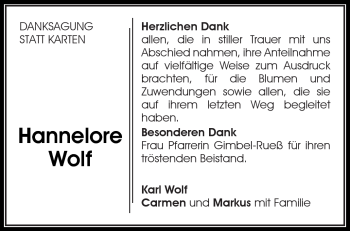 Traueranzeige von Hannelore Wolf von Kreiszeitung Waiblingen