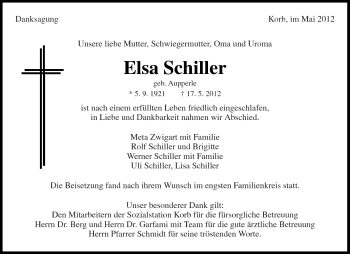Traueranzeige von Elsa Schiller von Kreiszeitung Waiblingen