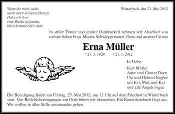 Traueranzeige von Erna Müller von Kreiszeitung Waiblingen