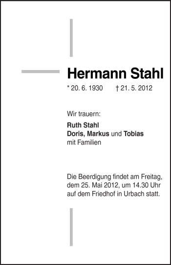 Traueranzeige von Hermann Stahl von Kreiszeitung Waiblingen