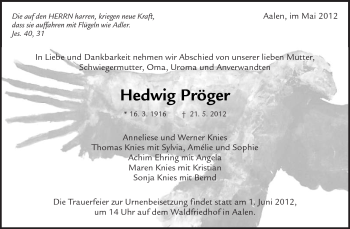 Traueranzeige von Hedwig Pröger von Kreiszeitung Waiblingen