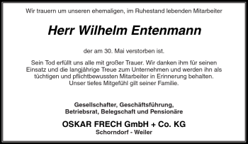 Traueranzeige von Wilhelm Entenmann von Kreiszeitung Waiblingen