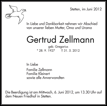Traueranzeige von Gertrud Zellmann von Kreiszeitung Waiblingen