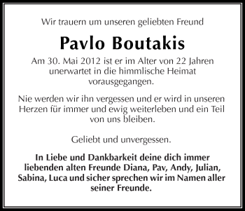 Traueranzeige von Pavlo Boutakis von Kreiszeitung Waiblingen