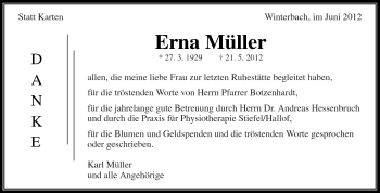 Traueranzeige von Erna Müller von Kreiszeitung Waiblingen