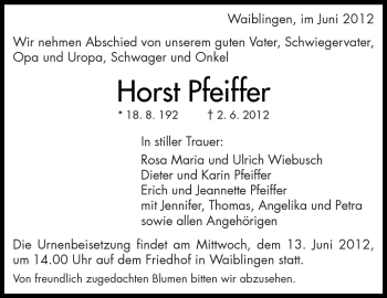 Traueranzeige von Horst Pfeiffer von Kreiszeitung Waiblingen