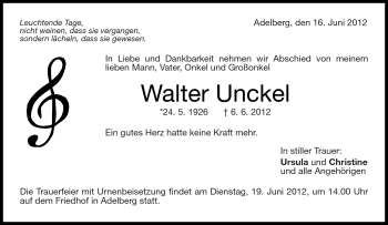 Traueranzeige von Walter Unckel von Kreiszeitung Waiblingen