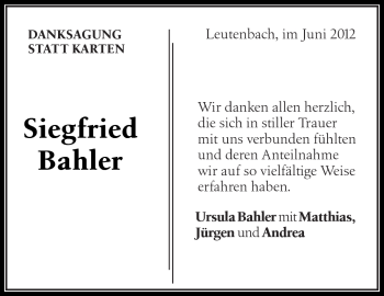 Traueranzeige von Siegfried Bahler von Kreiszeitung Waiblingen
