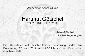 Traueranzeige von Hartmut Götschel von Kreiszeitung Waiblingen