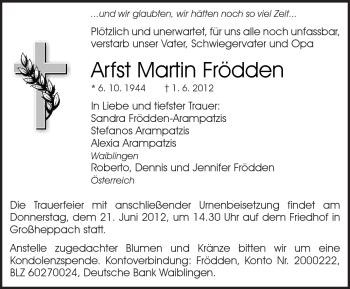 Traueranzeige von Arfst Martin Frödden von Kreiszeitung Waiblingen
