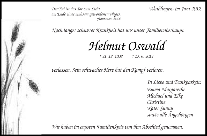 Traueranzeigen von Helmut Oswald ZVWTrauer