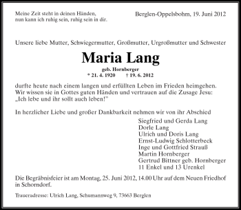 Traueranzeige von Maria Lang von Kreiszeitung Waiblingen