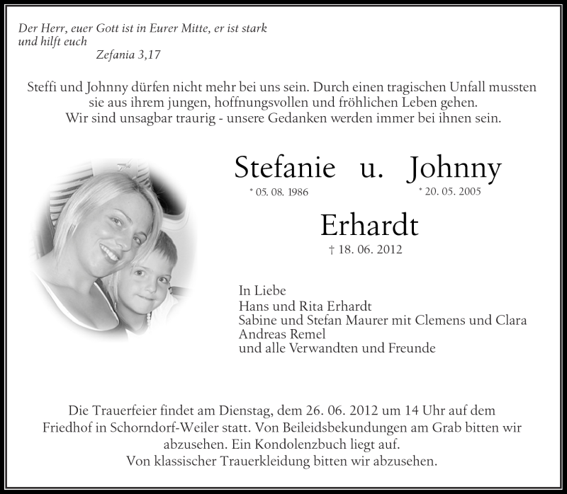  Traueranzeige für Stefanie und Johnny Erhardt vom 23.06.2012 aus Kreiszeitung Waiblingen