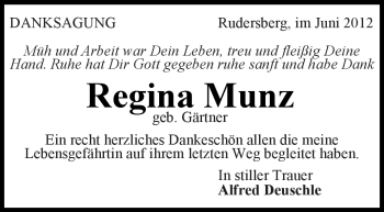Traueranzeige von Regina Munz von Kreiszeitung Waiblingen