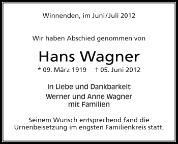 Traueranzeige von Hans Wagner von Kreiszeitung Waiblingen