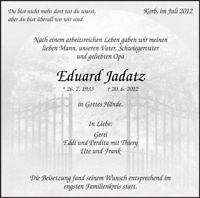  Traueranzeige für Eduard Jadatz vom 07.07.2012 aus Kreiszeitung Waiblingen