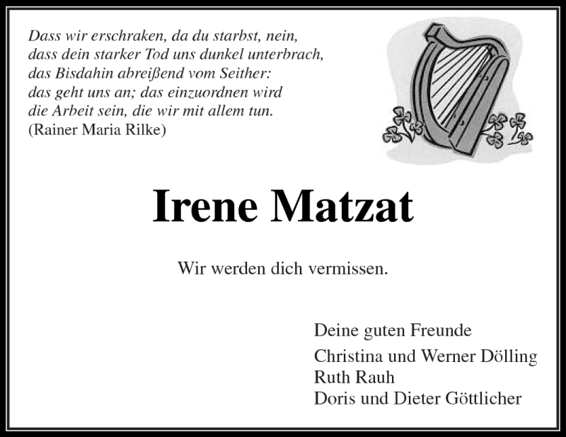  Traueranzeige für Irene Matzat vom 10.07.2012 aus Kreiszeitung Waiblingen