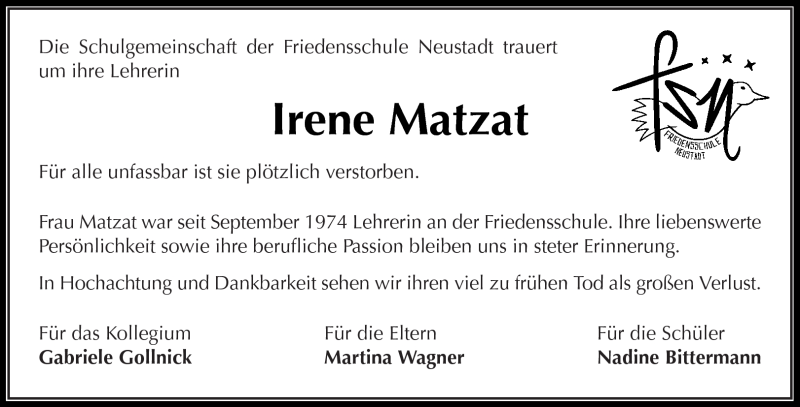  Traueranzeige für Irene Matzat vom 10.07.2012 aus Kreiszeitung Waiblingen