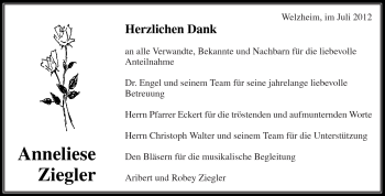 Traueranzeige von Anneliese Ziegler von Kreiszeitung Waiblingen