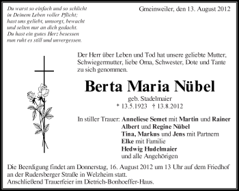 Traueranzeige von Berta Maria Nübel von Kreiszeitung Waiblingen