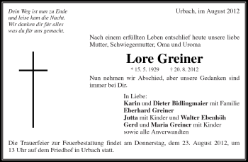 Traueranzeige von Lore Greiner von Kreiszeitung Waiblingen