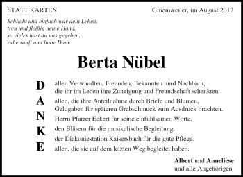 Traueranzeige von Berta Nübel von Kreiszeitung Waiblingen