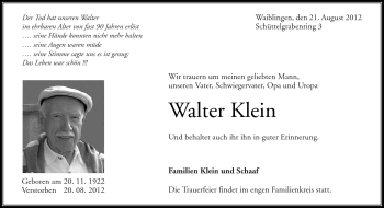 Traueranzeige von Walter Klein von Kreiszeitung Waiblingen