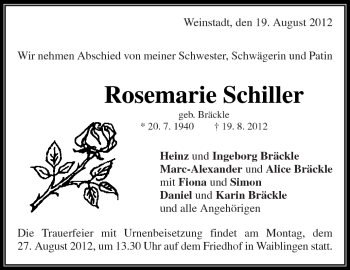 Traueranzeige von Rosemarie Schiller von Kreiszeitung Waiblingen