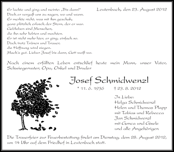 Traueranzeige von Josef Schmidwenzl von Kreiszeitung Waiblingen