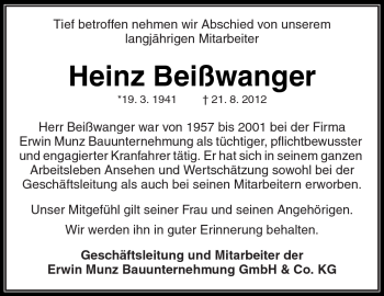 Traueranzeige von Heinz Beißwanger von Kreiszeitung Waiblingen